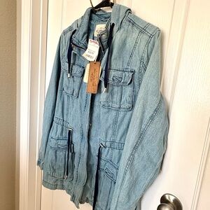 Denim Hooded Jean Jacket with Drawstring